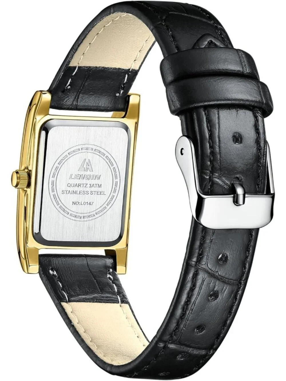 Ln Lenqin Womens Black White Analog Quartz Leather Strap Rectangular Wrist Watch
